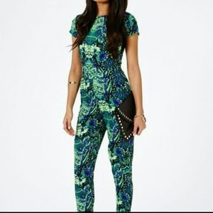 Missguided Green Tropical Print Jumpsuit UK8/US4