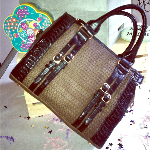 Woven Faux Leather Satchel with Detachable Strap