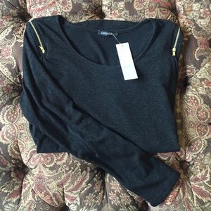 Long sleeve black shirt with gold zipper