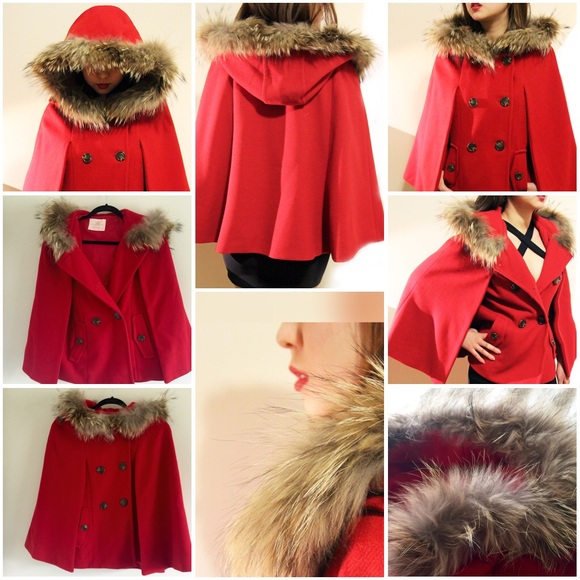 Red Riding Hood Cape Coat with Genuine Fur Trim - Picture 4 of 4
