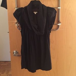 Cowl neck, capped sleeve black blouse