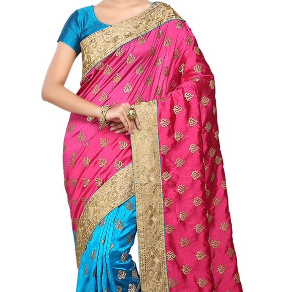 Kanchipuram blended silk saree in blue and magenta