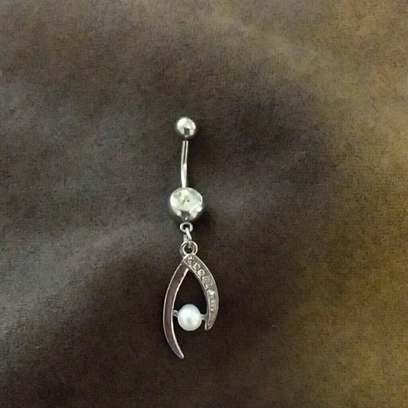 Pearl and rhinestone silver tone dangle belly ring