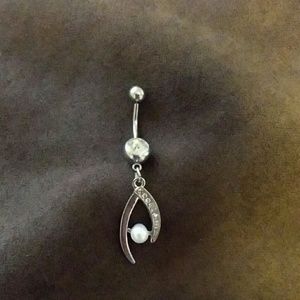 Pearl and rhinestone silver tone dangle belly ring