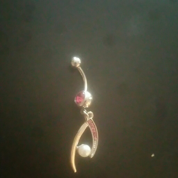 Pink rhinestone and pearl silver tone belly ring