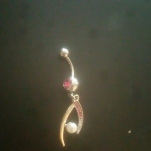 Pink rhinestone and pearl silver tone belly ring