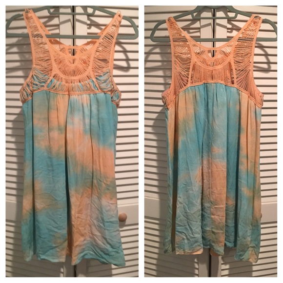 Crochet & Tie Dye Dress - Coral & Blue - LARGE - Picture 1 of 2