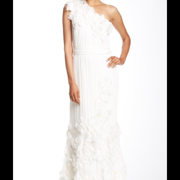 Tadashi Shoji One Shoulder Pintucked Appliqué Gown