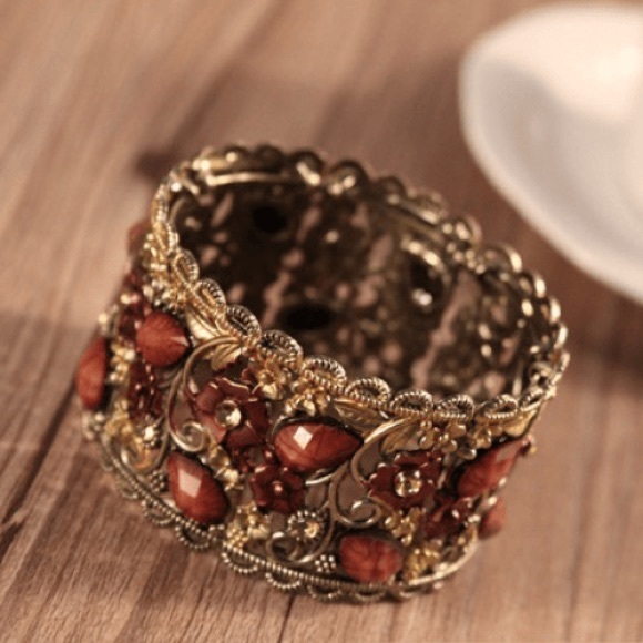 Antique Bronze Gemstone Wide Stretch Bracelet - Picture 2 of 2