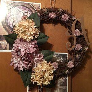 Handmade monogram "A" wreath w/ floral arrangement
