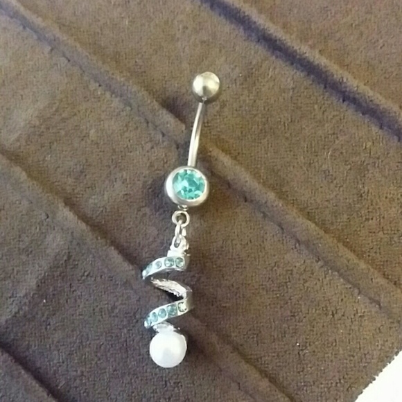 Blue rhinestone and pearl dangle belly ring