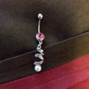 Pink rhinestone and pearl dangle belly ring