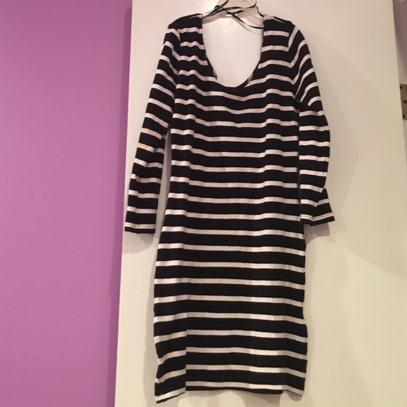 Off the shoulder black and white striped dress.