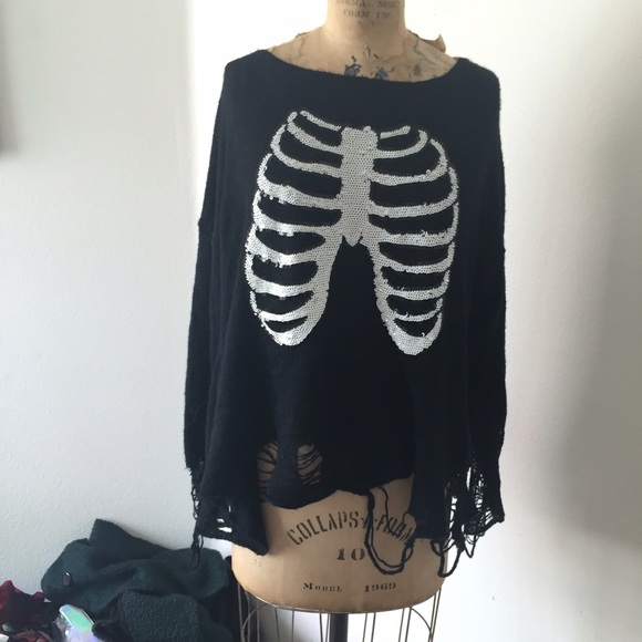 Wildfox black distressed sequin skeleton sweater