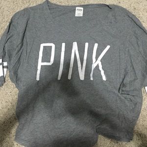 PINK 3/4 sleeve grey varsity shirt.