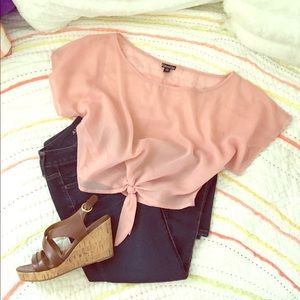 Pink short sleeve semi-sheer tie blouse