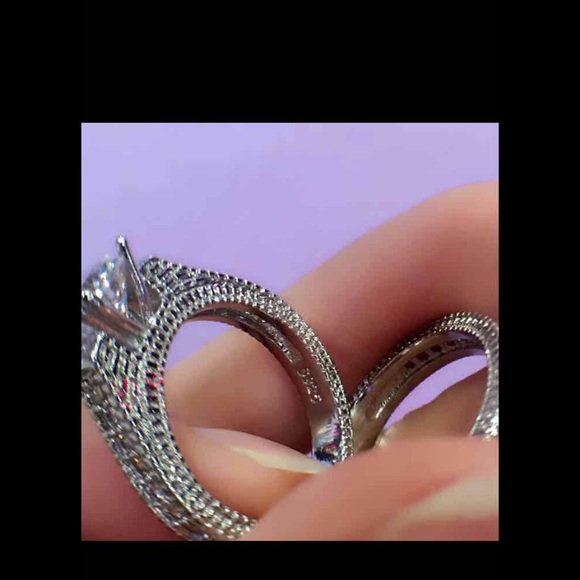 Solid 925 Sterling Silver 2-Pc Wedding Ring Set - Picture 3 of 4