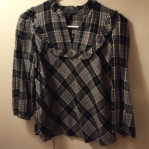 Ruffle neck flannel top with brass buttons