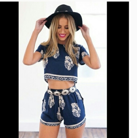 Leaf Print Navy Two Piece Summer Outfit