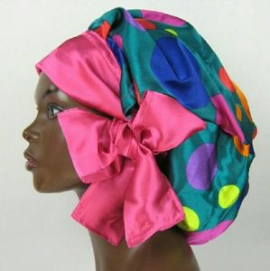 Handmade Satin Sleep Bonnet Cap-Pink Blue Circles