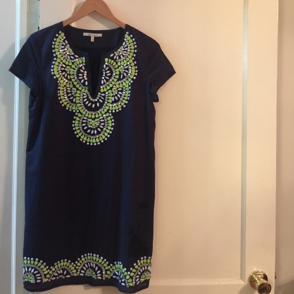 Francesca's Navy Blue Beaded Shift Dress Size M