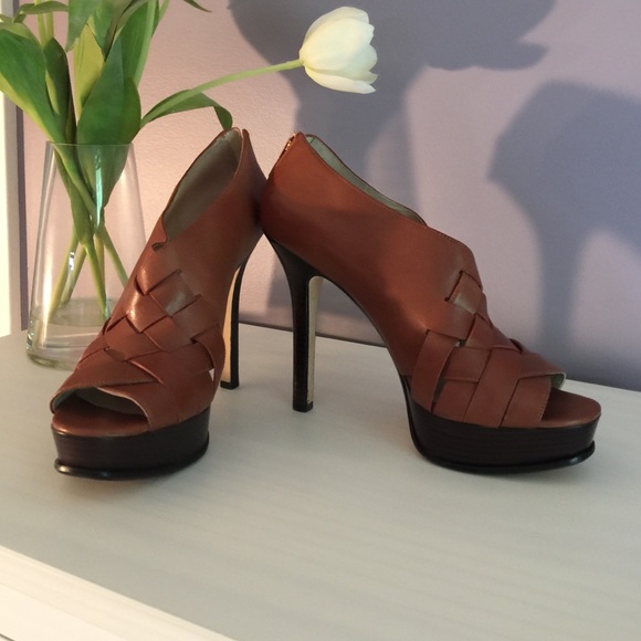 Michael Kors tan leather peep toe platforms