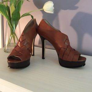 Michael Kors tan leather peep toe platforms