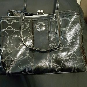 Coach sig stripe stitched patent framed carryall