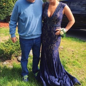 Navy Blue Lace Prom Dress