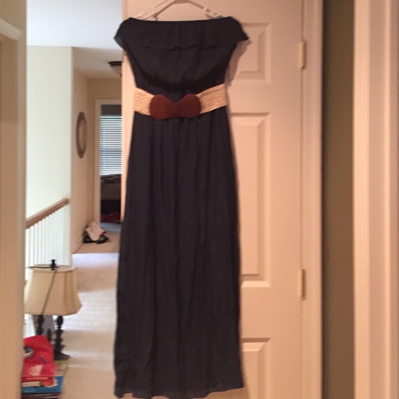Navy gauze maxi strapless with ruffle