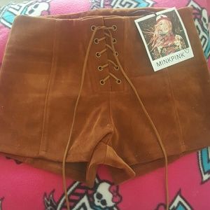 Brown suede minkpink lace up front shorts