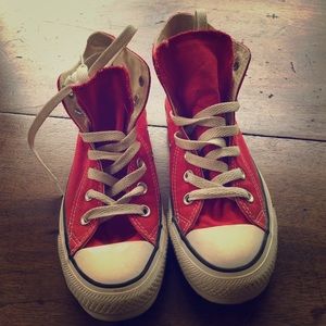 Never worn bright red high top converse