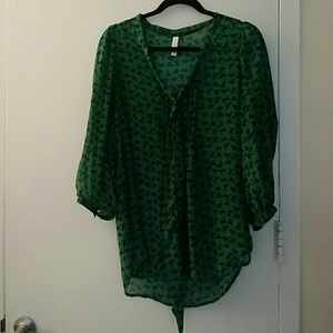 Horse print green tie neck blouse