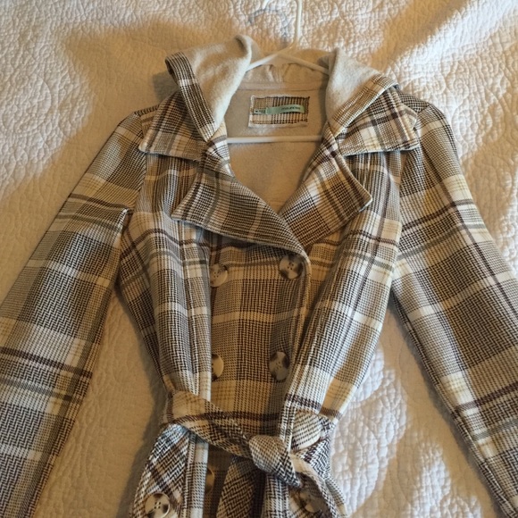 Burgundy, white and gold plaid pea coat