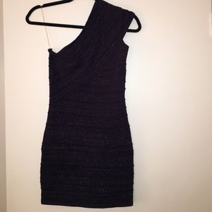 navy blue one shoulder bandage dress