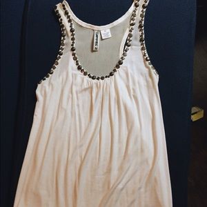White tank top w/ flat brown beads around neckline