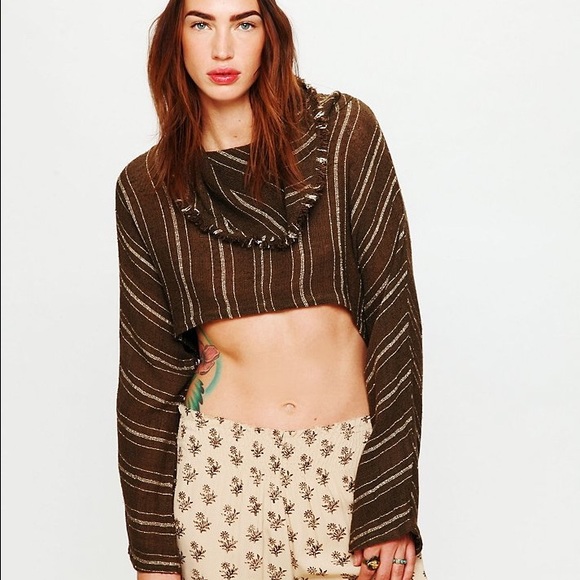 Free People Striped Brown Crop Sweater Cowl Neck