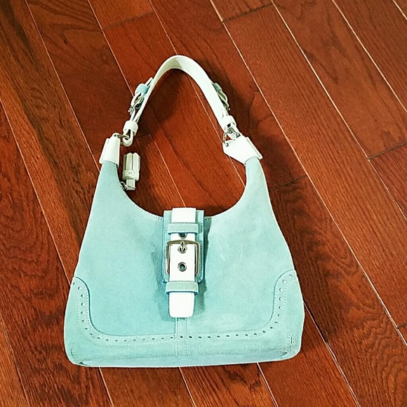 Coach shoulder bag, baby blue, suede
