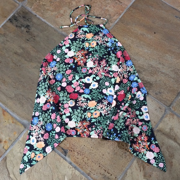 🍃💕Floral Print Scarf Halter Top - Navy - Picture 3 of 4