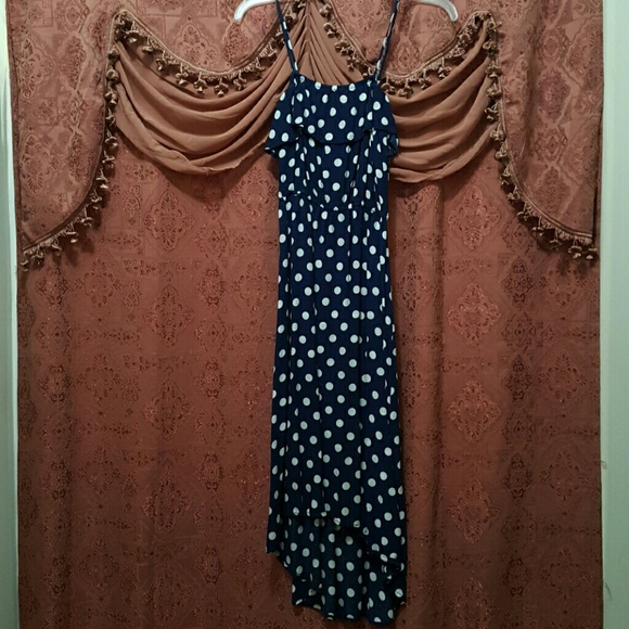 Hi-lo hem Navy polka dot dress