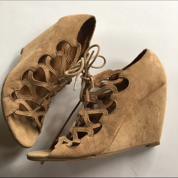 Shoes - Nude Lace Up Wedges