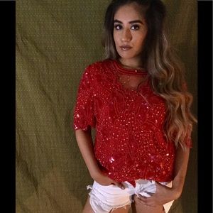 Red Beaded and Sequined Top