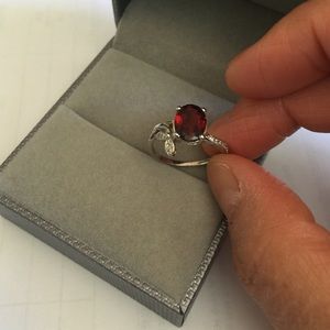 Rhodium plated 925 Sterling Silver Red Garnet Ring