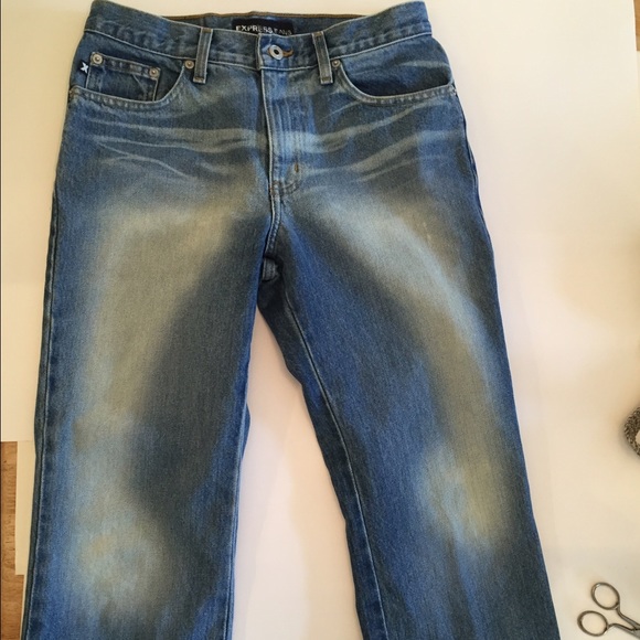 Express Low Rise boot cut acid washed jeans.