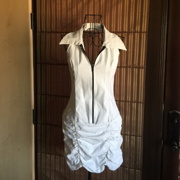 White with black pinstripe dress