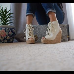 Lace Up Open Toe Espadrille Wedge Booties