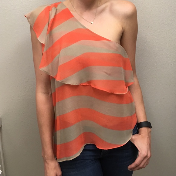 Coral and tan BCBGeneration one-shoulder sheer top