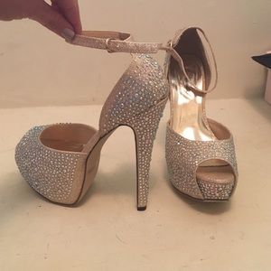 Gold rhinestone and glitter peep toe heels
