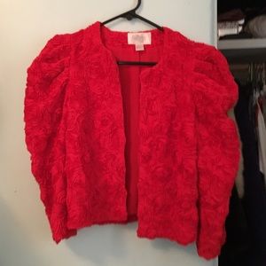 Red bolero cropped jacket rose detail texture