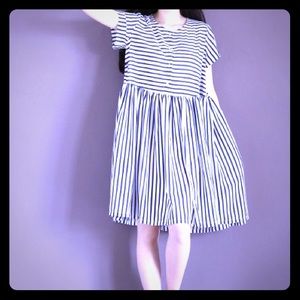 Blue & white striped short sleeve chiffon dress